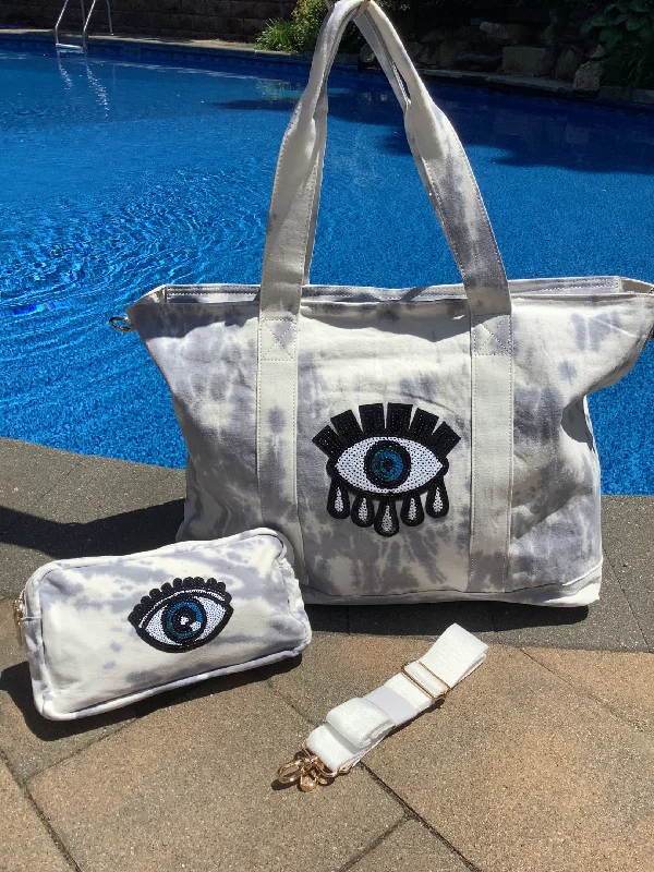 Odor-Resistant And Budget Bags Sequin Evil Eye Tiedye Canvas Tote Bag, Pouch & Strap Set - Grey