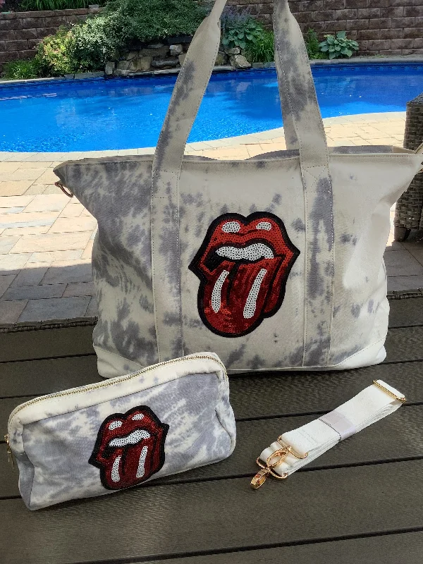 Stylish Bags For Fashion Influencers And Bloggers Sequin Stones Tongue Tiedye Canvas Tote Bag, Pouch & Strap Set - Grey