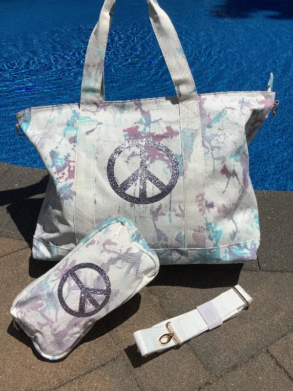 Elegant New Year Party Bags With Flash Sales Silver Glitter Peace Sign Tiedye Canvas Tote Bag, Pouch & Strap Set - Lavender/ Turquoise Elegant New Year Party Bags With Flash Sales