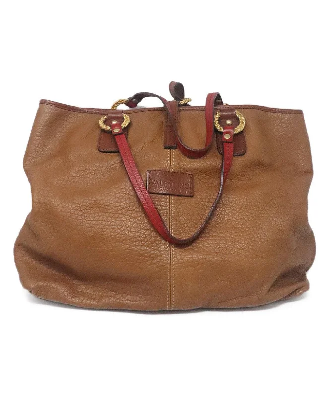 Luxury Bags On Sale Valentino Brown & Red Leather Tote Luxury Bags On Sale