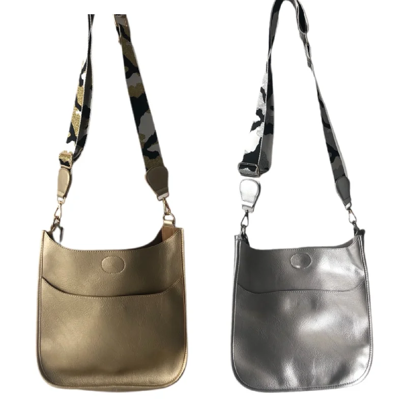 Bags For Outdoor Adventures Vegan Leather Messenger Bag w/2" Adjustable Guitar Strap - Silver or Gold