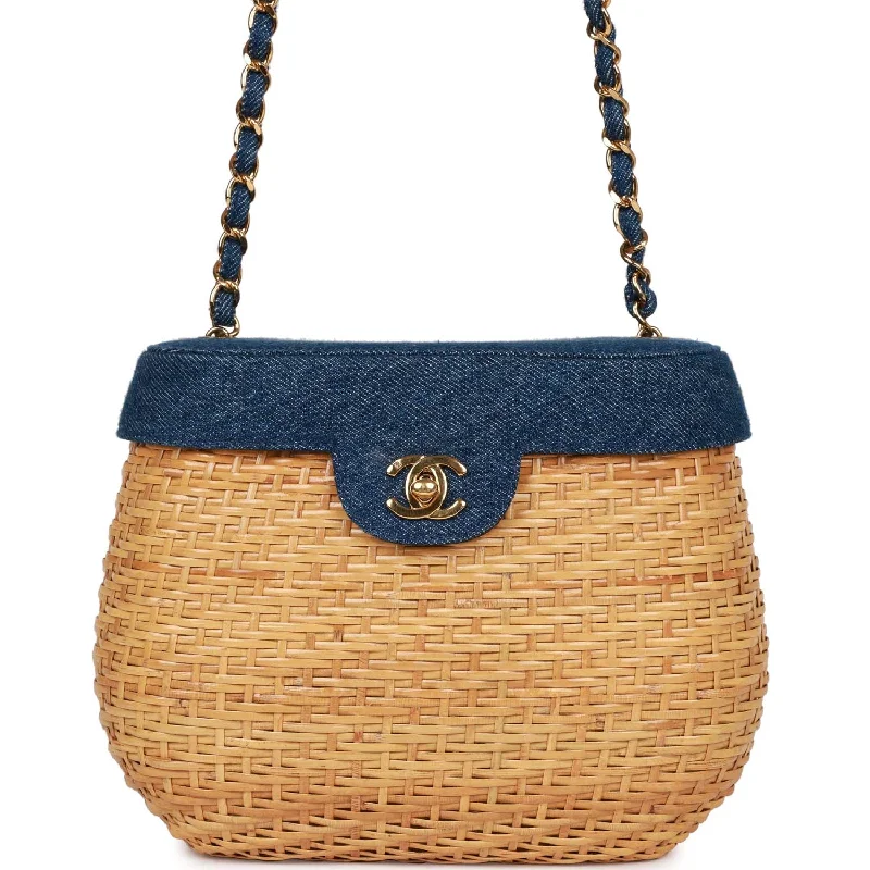 Luxurious But Budget-Friendly Bags Vintage Chanel Basket Bag Denim and Rattan Wicker Gold Hardware