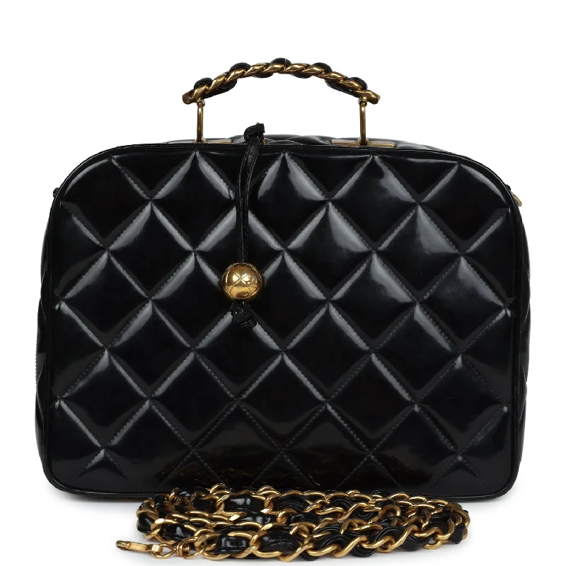 Luxurious But Budget-Friendly Bags Vintage Chanel Lunchbox Vanity Black Patent Leather Gold Hardware