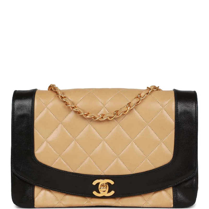 Active Lifestyles Vintage Chanel Medium Diana Flap Bag Black and Beige Lambskin Gold Hardware Active Lifestyles