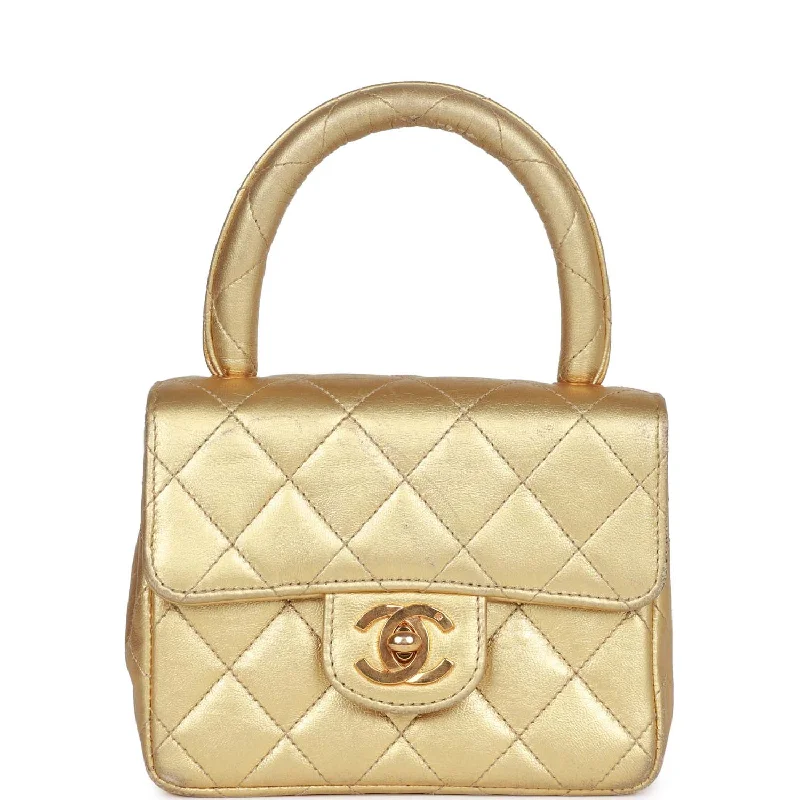 Luxury Bags Vintage Chanel Mini Top Handle Kelly Child Flap Bag Gold Metallic Lambskin Gold Hardware Luxury Bags