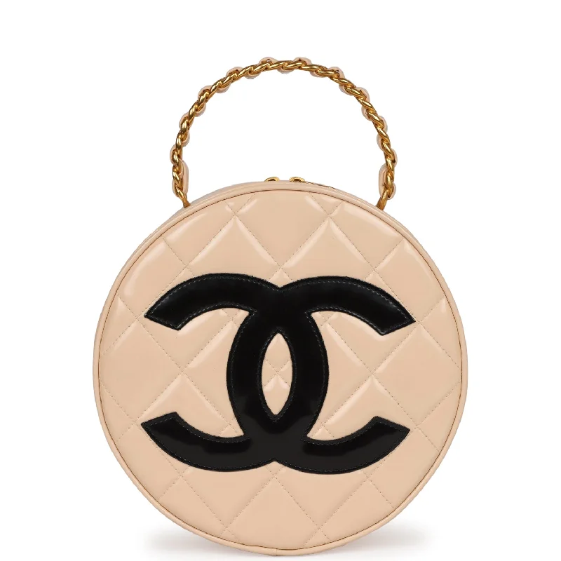 Bag For Luxury Lovers Vintage Chanel Round Vanity Bag Beige and Black Patent Leather Antique Gold Hardware Bag For Luxury Lovers