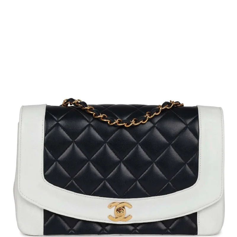 Seasonal Clearance Bags For Summer Vintage Chanel Small Diana Flap Bag White and Navy Lambskin Gold Hardware