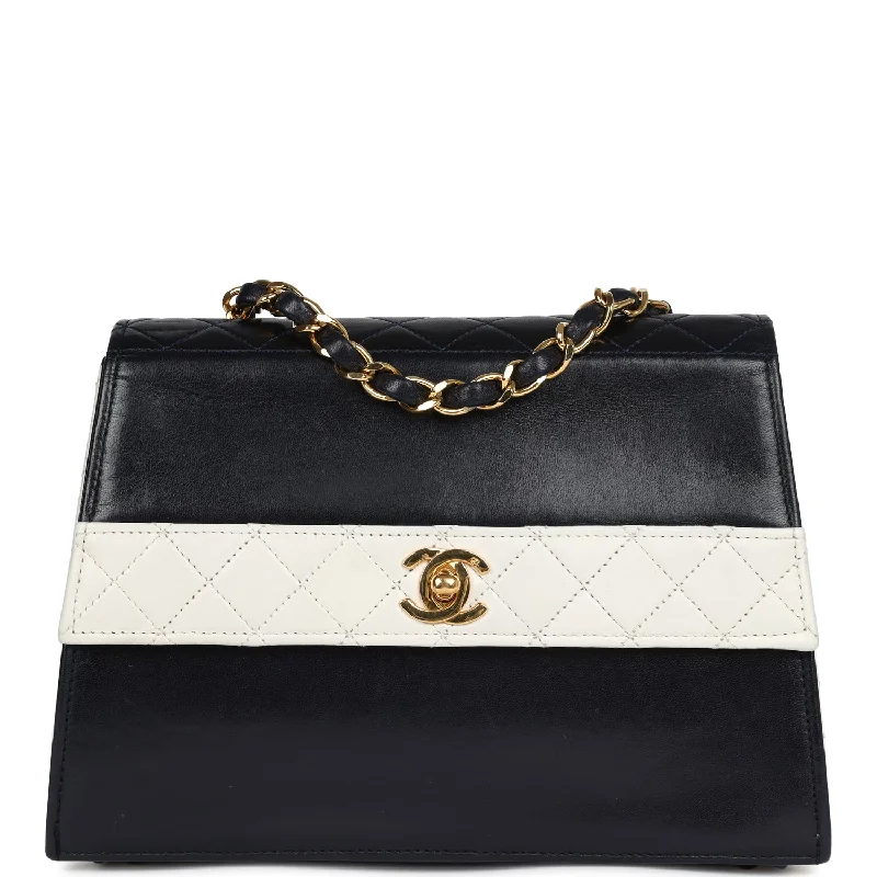 Limited-Time Offer On Trendy Bags Vintage Chanel Trapezoid Flap Bag Navy and White Lambskin Gold Hardware