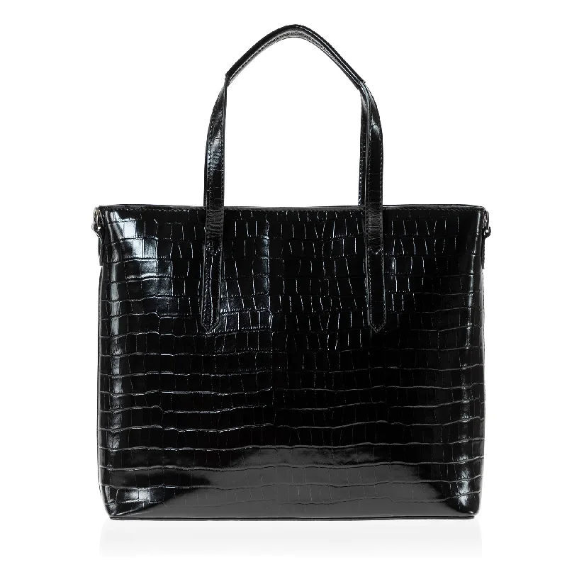 Polished Style Deals Cabas Tote Bag (Black Croc-Embossed) Affordable Bags For Budget Shoppers