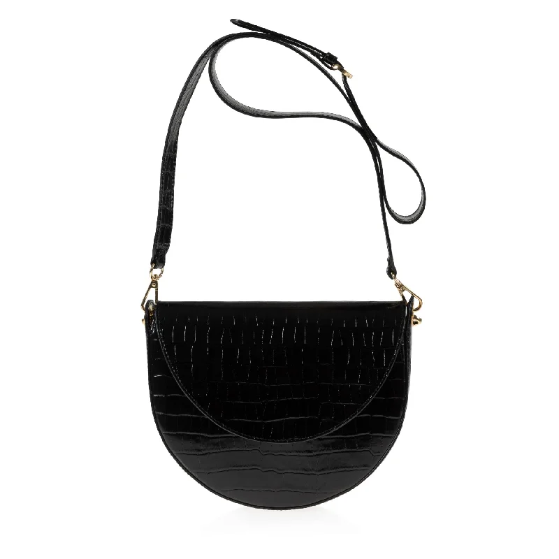 New Styles Just In Forget Me Not Saddle Bag (Black Croc-Embossed) Flash Sale On Premium Bags