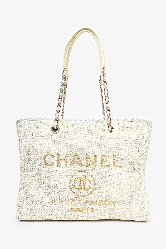 Tote Bag For Office Use Pre-Loved Chanel™ 2021/22 Beige/Gold Metallic Tweed Small Deauville Shopping Tote