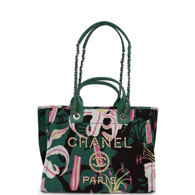 Customizable Bags For Personalized Style Chanel Small Deauville Shopping Tote Green and Pink Tropical Floral Velvet Light Gold Hardware