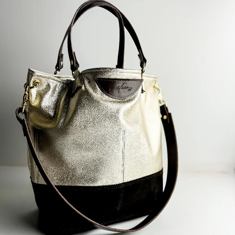 Trendy Festival Bags With Limited-Time Offers Luxe Club Collection | Lexington Shoulder Tote | Platinum + Brown Suede