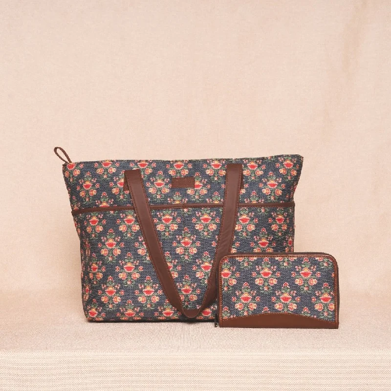 Uxury Designer Handbag Brands Mughal Garden Print- Tote Bag & Chain Wallet Combo