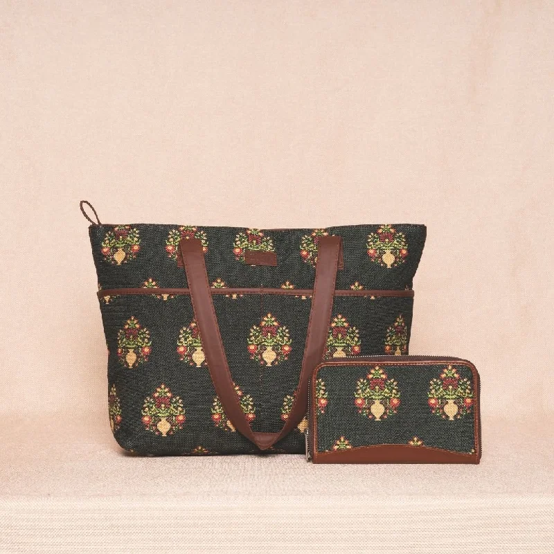 Glamorous Bags For Evening Events And Parties Royal Green Mogra Print- Tote Bag & Chain Wallet Combo