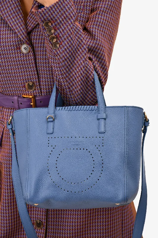 Luxury Bags On Sale Salvatore Ferragamo Blue Grained Leather Perforated Mini 'Marta' Tote with Strap Luxury Bags On Sale Salvatore Ferragamo Blue Grained Leather Perforated Mini 'Marta' Tote with Strap