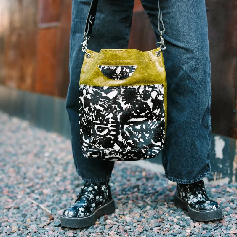 Seasonal Clearance Bags For Summer Urban Edge Collection | Train Shoulder Tote + Crossbody | Olive Leaf + Newsprint Hair-on-Hide Seasonal Clearance Bags For Summer Urban Edge Collection | Train Shoulder Tote + Crossbody | Olive Leaf + Newsprint Hair-on-Hide