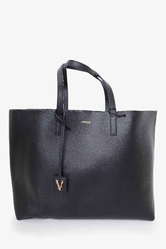 Trendy Bags Versace Black Leather Virtus Logo Detailed Tote Bag with Pouch