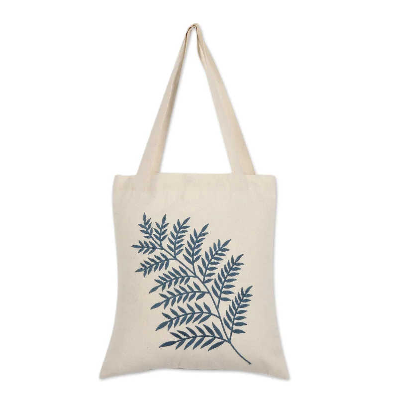 Eco-Friendly And Discounted Bags Azure Fern Pattern Embroidered Cotton Shoulder Bag - Ferny Frond in Azure