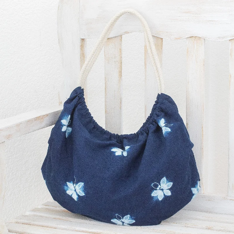 Eco-Friendly Bags With Discounts Butterfly-Themed Indigo Cotton Hobo Shoulder Bag - Indigo Hope