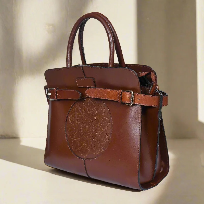 Bags For College Students On A Budget Celtic brown color pure leather Shoulder bag for girls and women with glorious design | Party wear.  Art: BG-1555