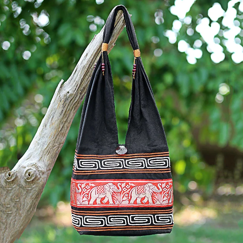 Vibrant Bags With Discounts Cotton Blend Shoulder Bag Black Vermilion from Thailand - Thai Elephants in Vermilion