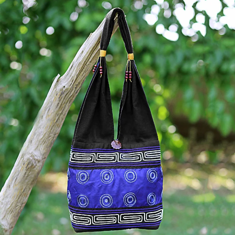 Halloween-Themed Cotton Silk Blend Shoulder Bag Indigo Black Thailand - Summer Indigo