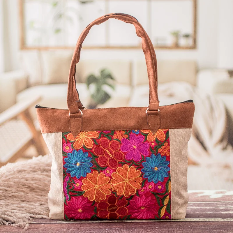 Minimalist Leather Bag For Modern Aesthetics Embroidered Floral Cotton Shoulder Bag in Ivory and Brown - Art & Elegance