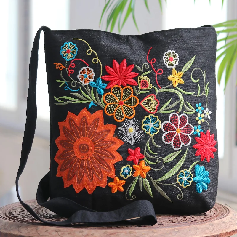 Inspired Bags For Modern Sophistication Floral Embroidery on Black Cotton Blend Shoulder Bag - Tropical Paradise