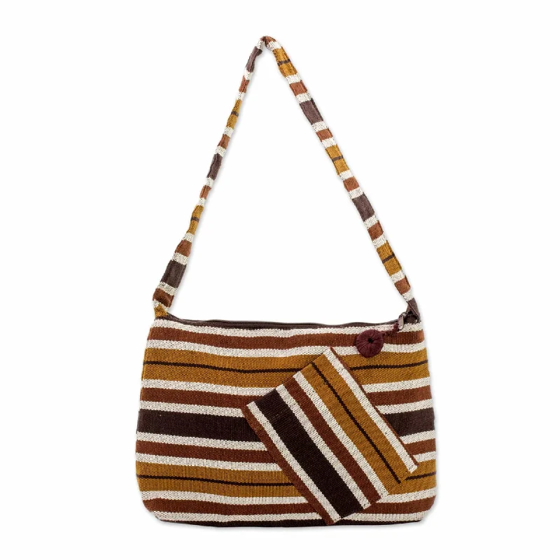 Designer Bags For Luxury Collectors With Offers Guatemalan Brown Backstrap Loom Woven Cotton Shoulder Bag - Fertile Earth