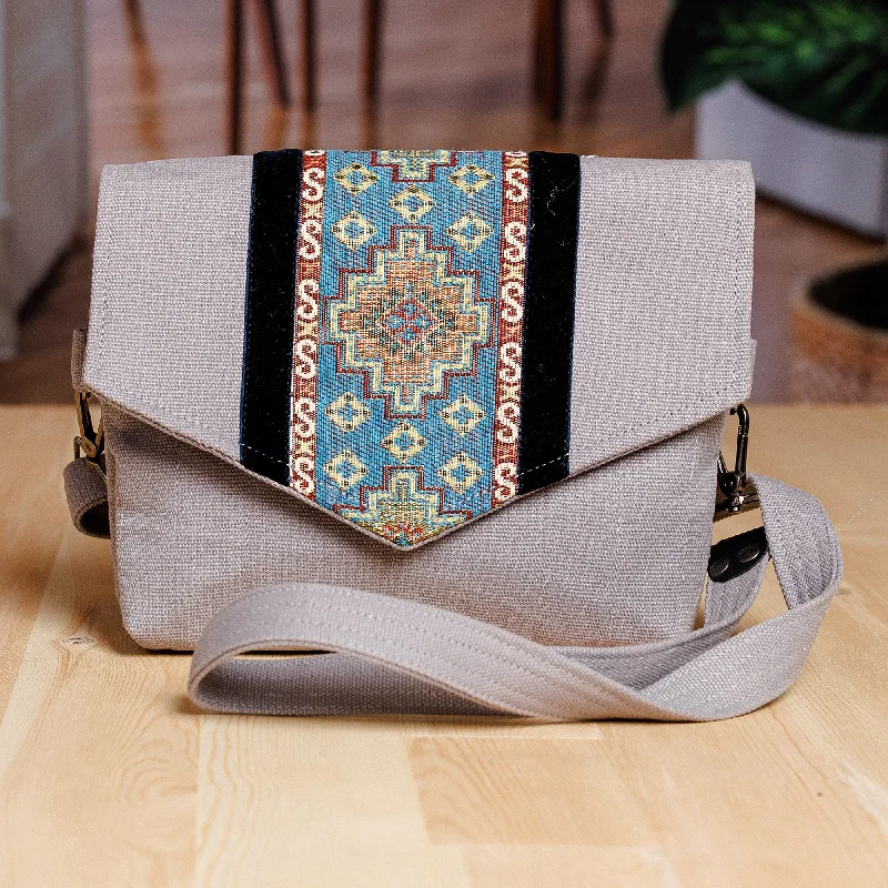 Stylish And Affordable Bags For Every Occasion Handcrafted Grey and Blue Cotton and Tarp Shoulder Bag - The Celestial Day