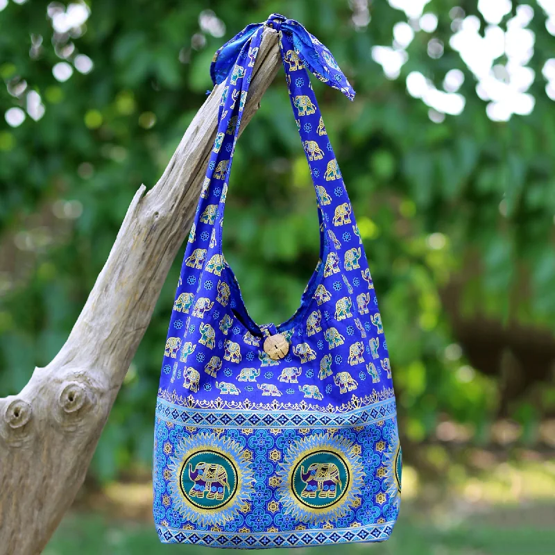 Functional Bags For Busy Moms And Dads Handmade Blue Cotton Shoulder Bag with Elephant Motif - Royal Thai Elephant