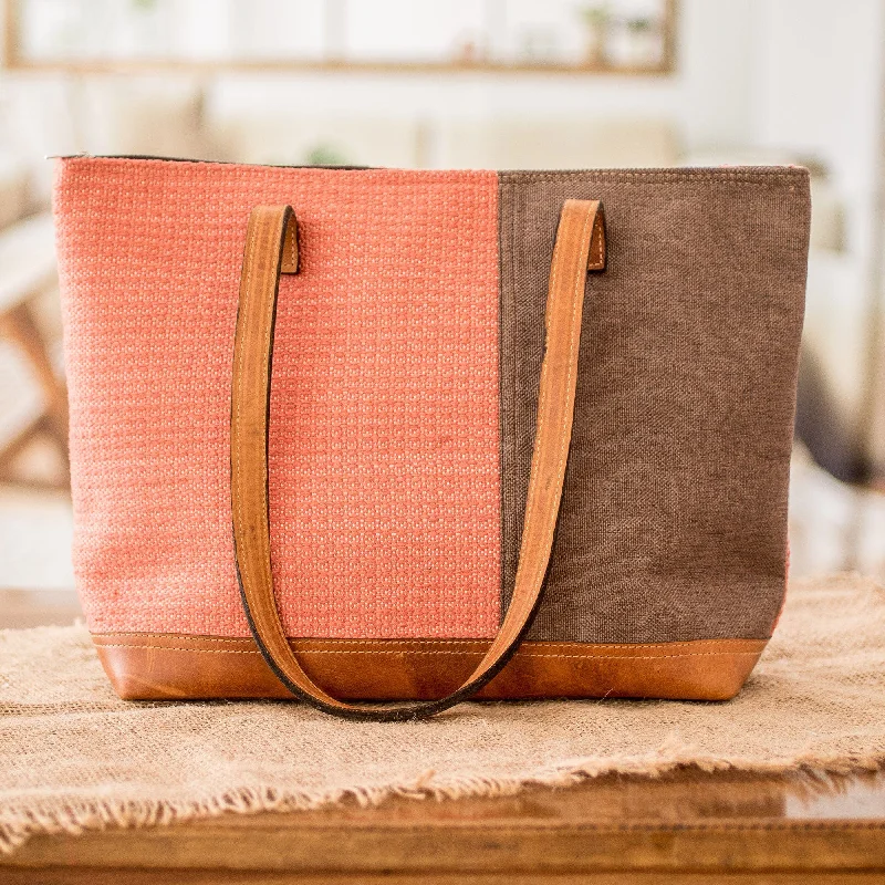 Inspired Bags For Affordable Luxury Leather-Accented Cotton Shoulder Bag in Salmon and Taupe - Salmon Diversity