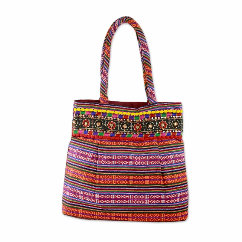 Chic And Clearance-Priced Tote Bags Multicolored Hand-Loomed Cotton Shoulder Bag from India - Rainbow Charm