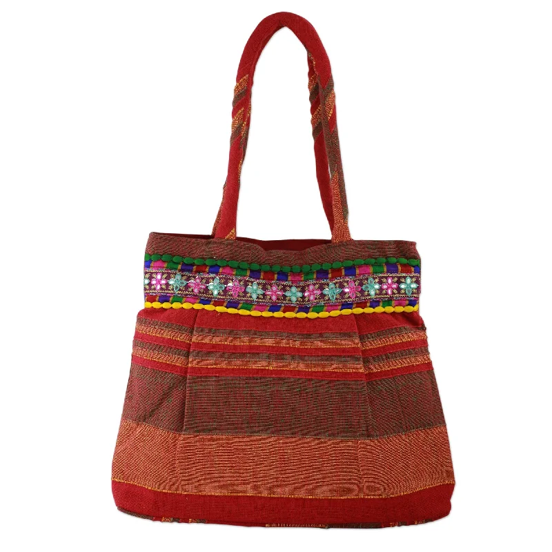 Luxurious But Budget-Friendly Bags Red and Orange Striped Cotton Shoulder Bag from India - Scarlet Dawn