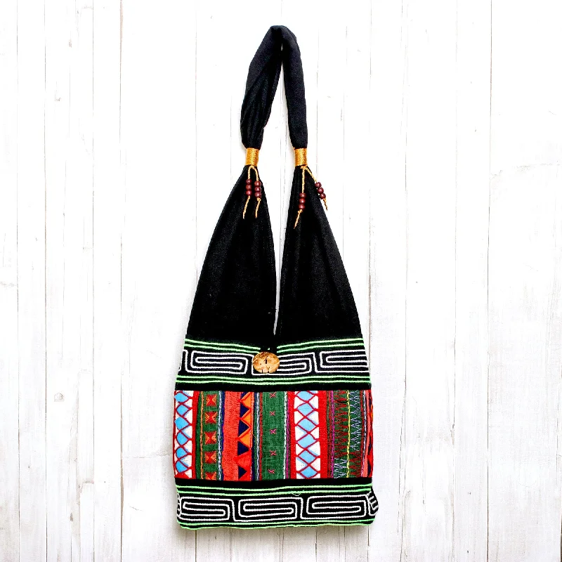 Luxury Bags On Sale Thai Multicolored Cotton Shoulder Bag with Geometric Motif - Ardent Thai