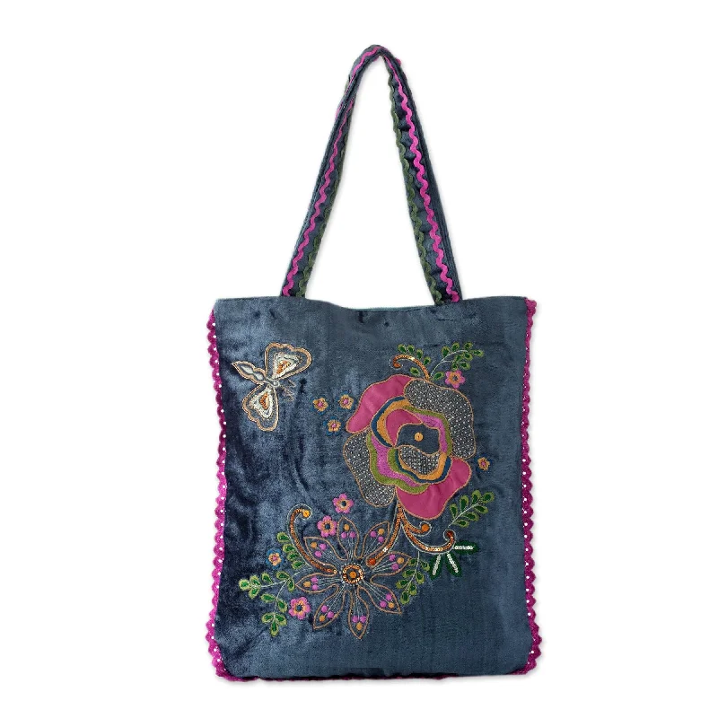 Customizable Bags For Personalized Style Velvet Applique Shoulder Bag with Embroidery and Sequins - Butterfly Garden