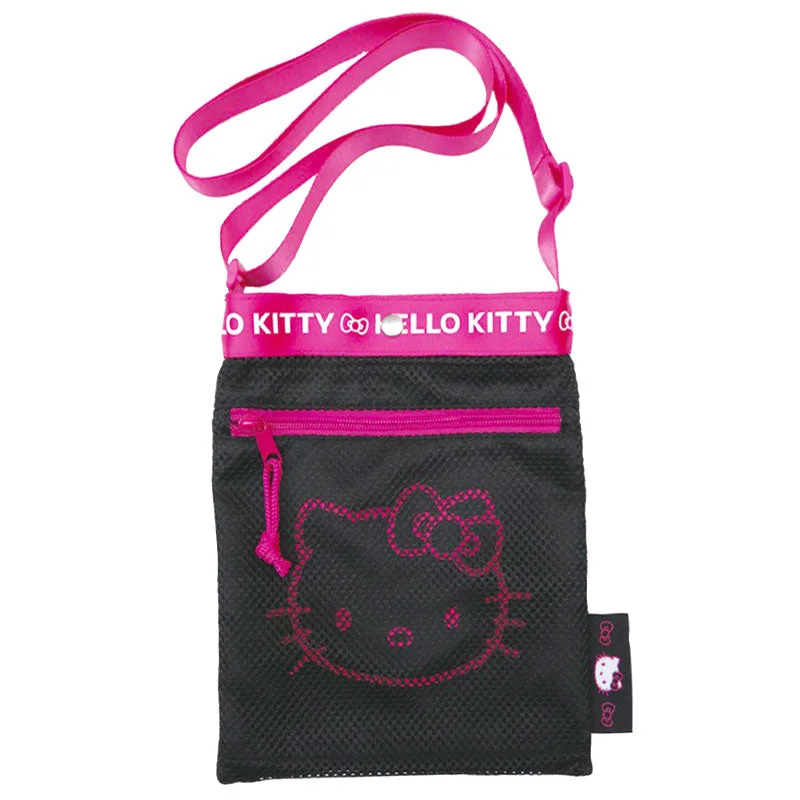 Discounted Designer Bags For Clearance Events Hello Kitty Black & Pink Mesh Shoulder Pouch