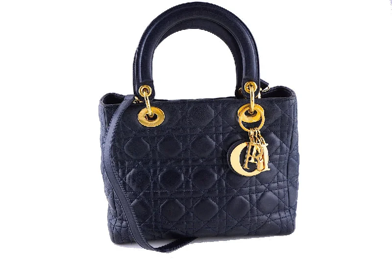 Bold Fashionistas Lady Dior Navy Blue Quilted Classic Lambskin Tote Shoulder (Christian D.) Bag