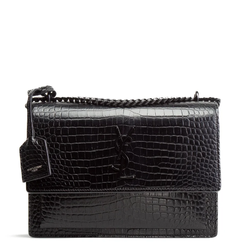 Elegant New Year Party Bags With Flash Sales SAINT LAURENT Croc Embossed Medium Sunset Shoulder Bag - Black