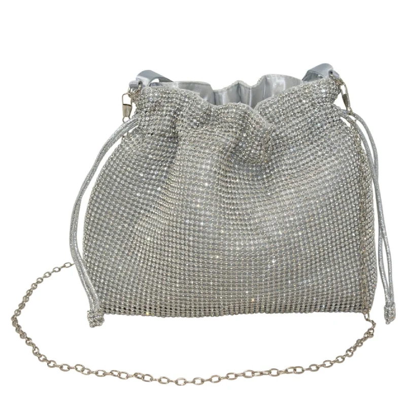 Flash Sale On Premium Bags Sparkly Diamante Silver Draw String Shoulder Bag perfect eye-catching Silver handbag Gift Present Wedding Party Valentines Gift For Her