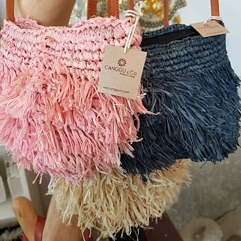 Edgy Bags For Bold And Daring Fashionistas Woven Straw Shoulder Bag In Pink, Black Or Natural With Leather Strap