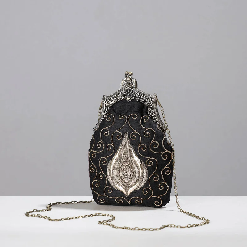 Handbag For Women Black - Lucknow Zardozi Hand Embroidered Raw Silk Clutch