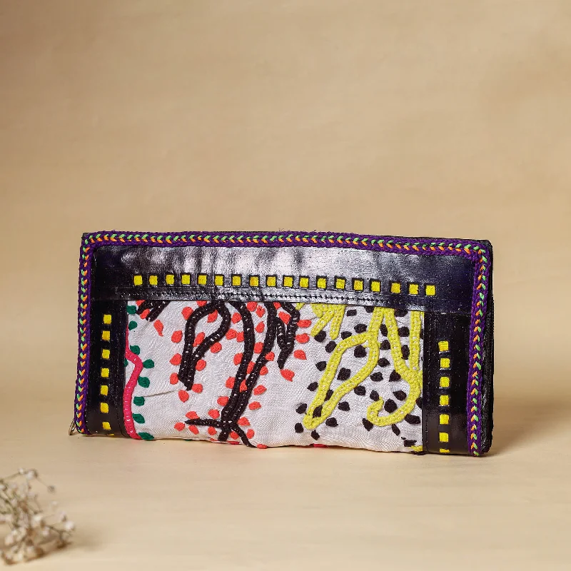 Stylish Bags For Fashion Influencers And Bloggers Multicolor - Handcrafted Kutch Embroidery Leather Clutch / Wallet