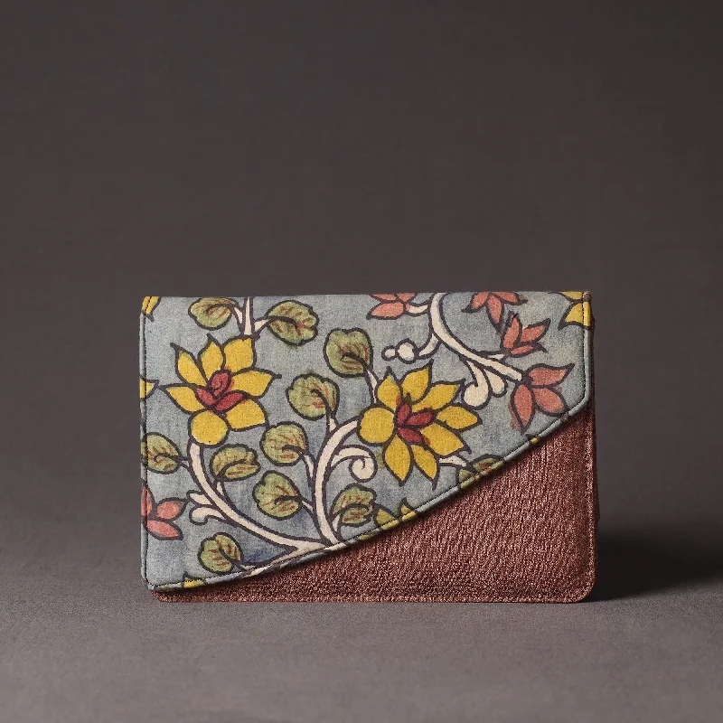 Discounted Designer Bags For Clearance Sale Grey - Handpainted Kalamkari Natural Dyed Ghicha Silk Clutch