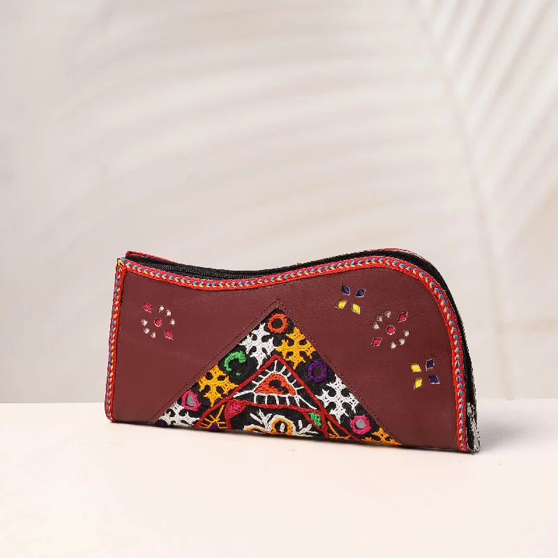 Trendy Bags For Teenage Girls Brown - Handcrafted Kutch Embroidery Leather Clutch / Wallet