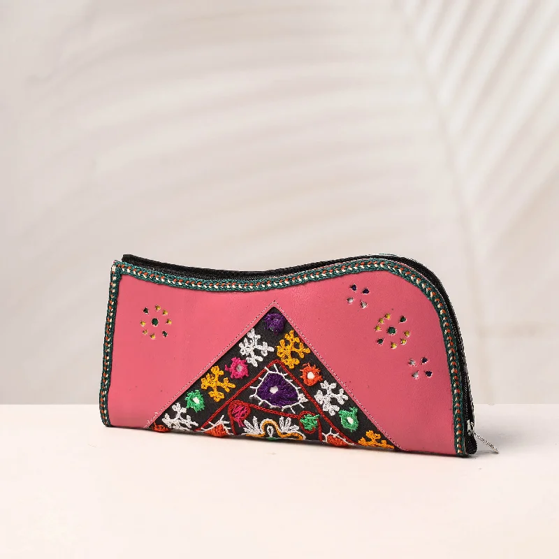 Affordable Bags For College Students On Sale Pink - Handcrafted Kutch Embroidery Leather Clutch / Wallet