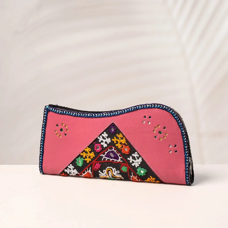 Odor-Resistant And Budget Bags Pink - Handcrafted Kutch Embroidery Leather Clutch / Wallet