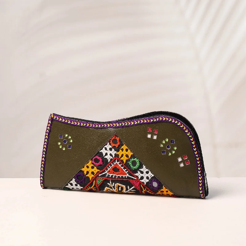 Elegant And On-Sale Evening Bags Green - Handcrafted Kutch Embroidery Leather Clutch / Wallet