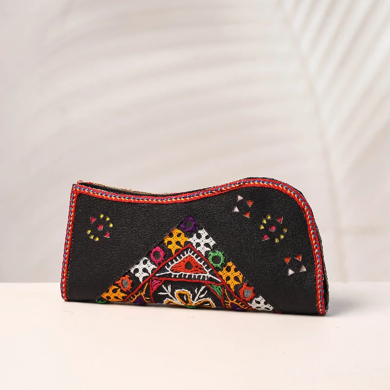 Discounted Designer Bags For Clearance Sale Black - Handcrafted Kutch Embroidery Leather Clutch / Wallet